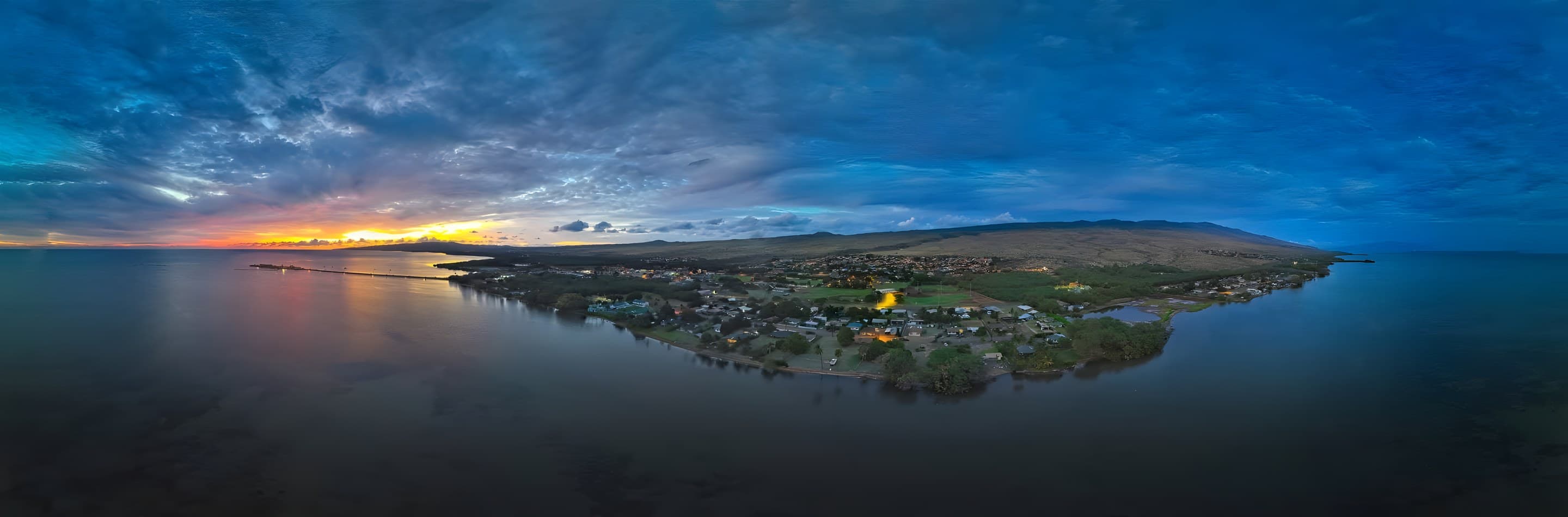 Aerial view of Kaunakakai and the south shore of Molokaʻi at sunset