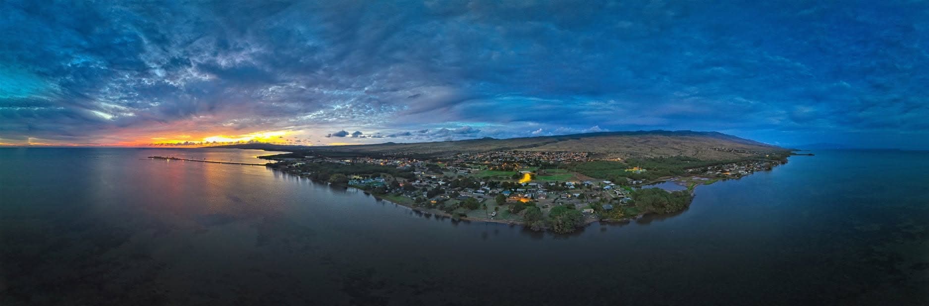 Aerial view of Kaunakakai and the south shore of Molokaʻi at sunset
